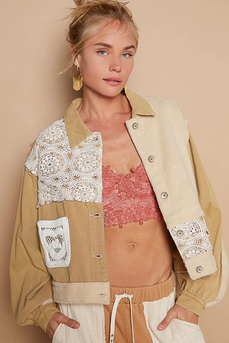 🌟 POL Crochet Patch Exposed Seam Button-Up Jacket 🌟