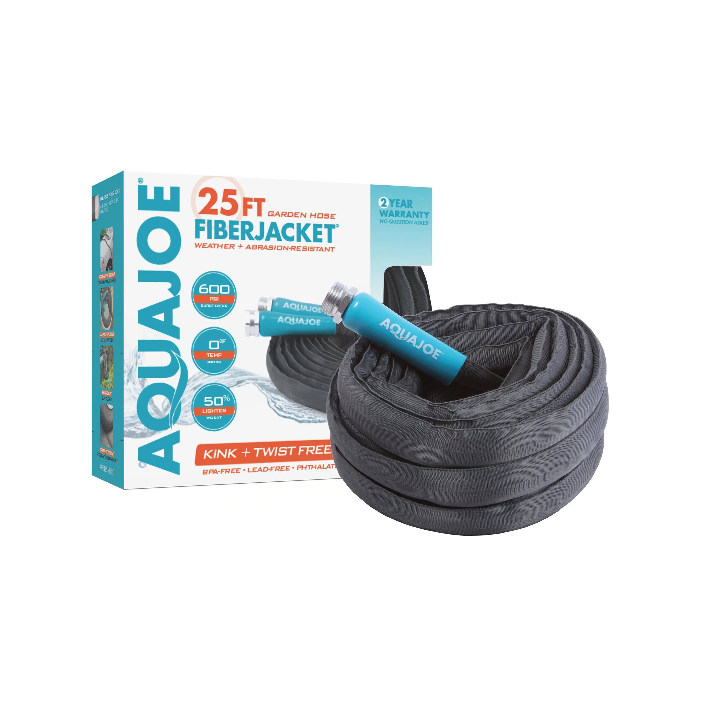 Aqua Joe AJFJH25-58-PRO Ultra Flexible Kink Free Fiberjacket Garden Hose | 25-Foot | Metal Fittings