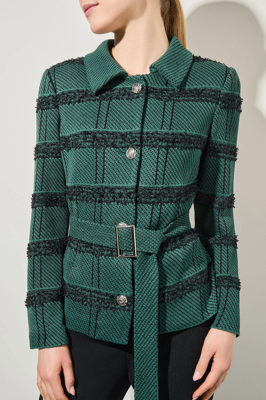 Belted Button-Front Stripe Tweed Jacket