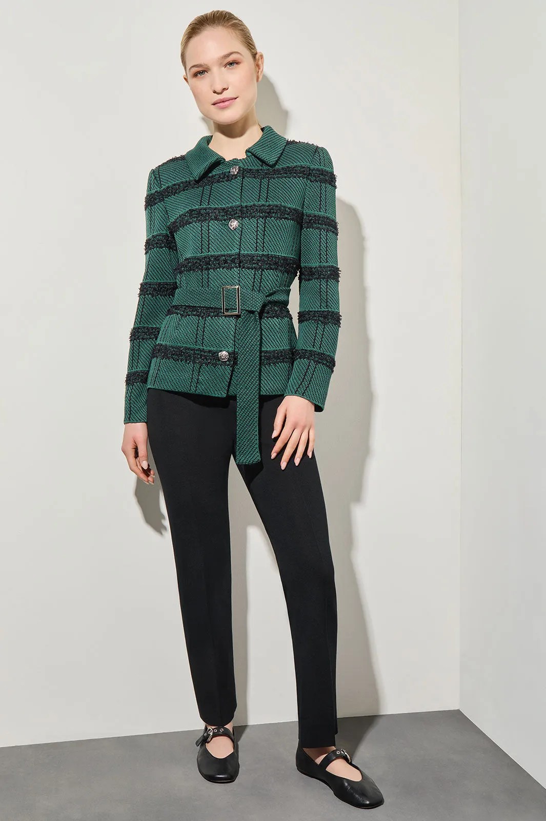 Belted Button-Front Stripe Tweed Jacket