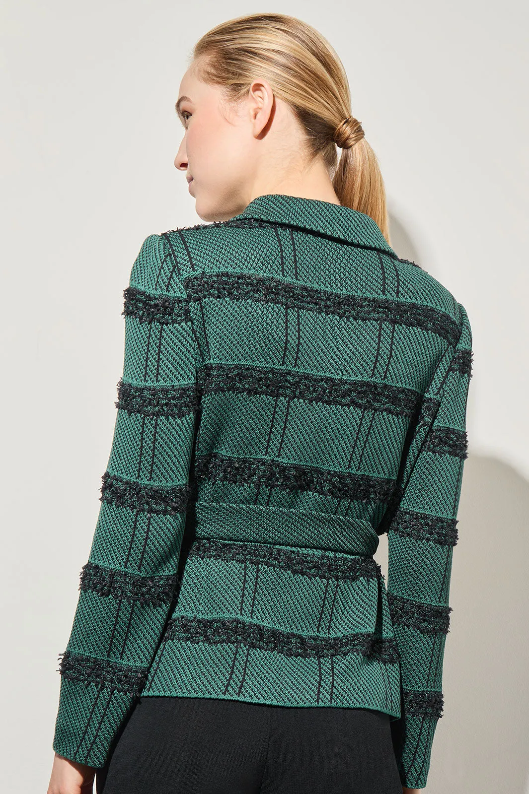 Belted Button-Front Stripe Tweed Jacket