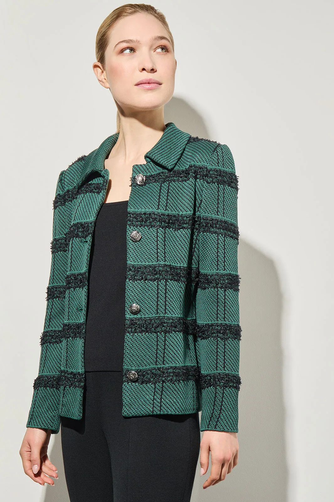 Belted Button-Front Stripe Tweed Jacket