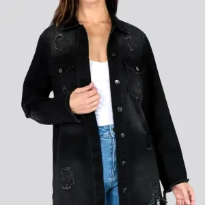 Chic frayed hem women's denim shirt