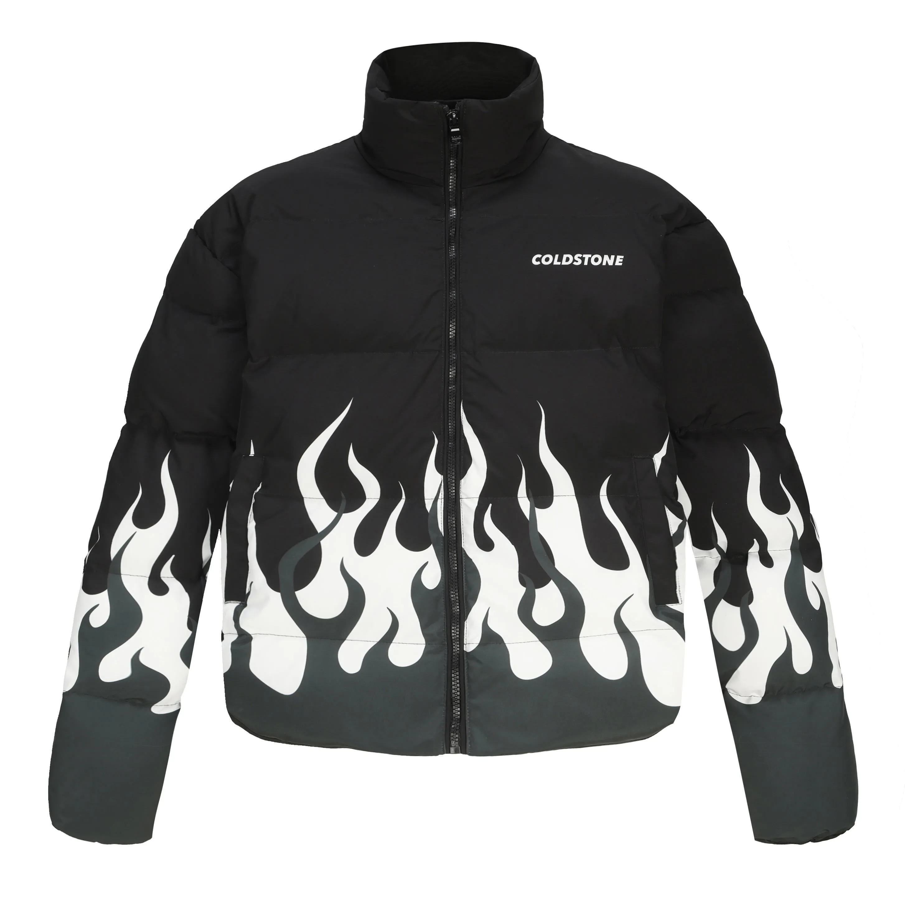 Coldstone Flames Motorcycle Hip Hop Jacket Cotton Thermal Padded Black and White Size S, M, L, XL