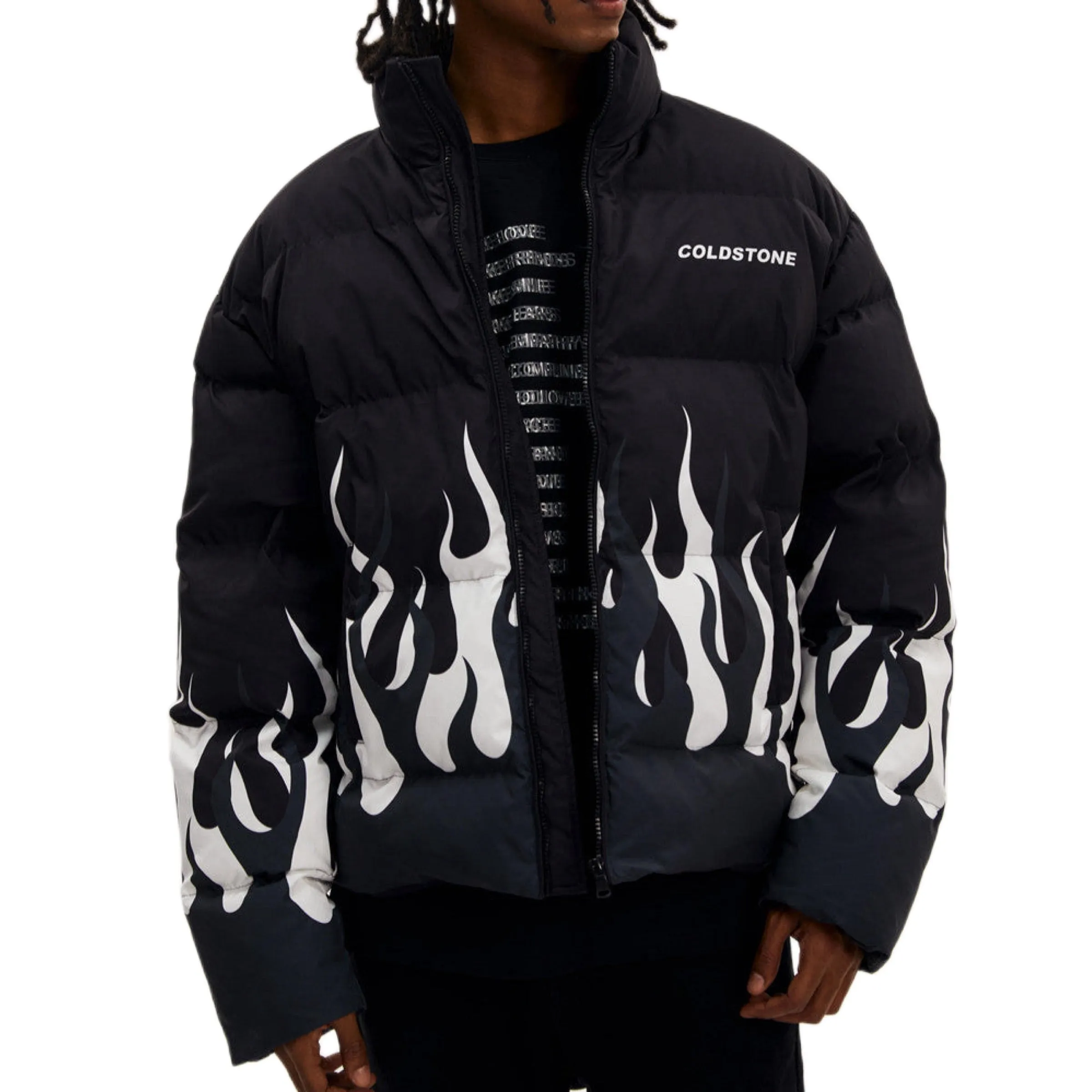 Coldstone Flames Motorcycle Hip Hop Jacket Cotton Thermal Padded Black and White Size S, M, L, XL