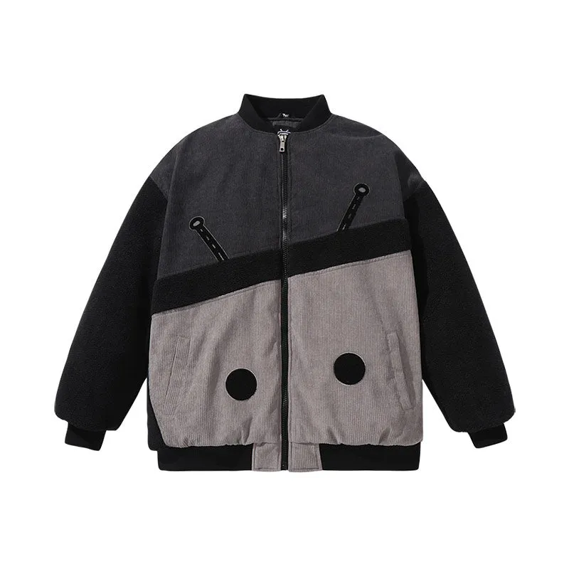 Corduroy lamb fleece patchwork embroidered ribbed hem cotton-padded jacket