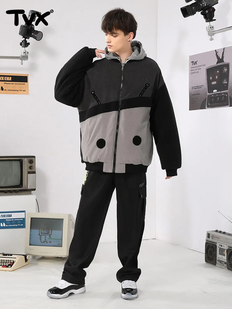Corduroy lamb fleece patchwork embroidered ribbed hem cotton-padded jacket