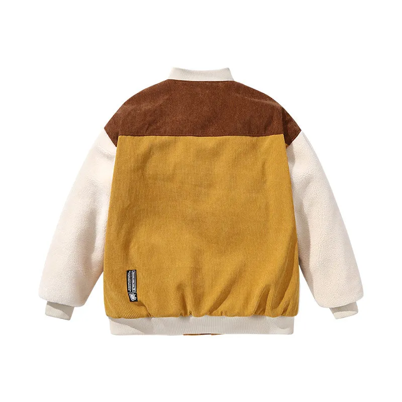 Corduroy lamb fleece patchwork embroidered ribbed hem cotton-padded jacket