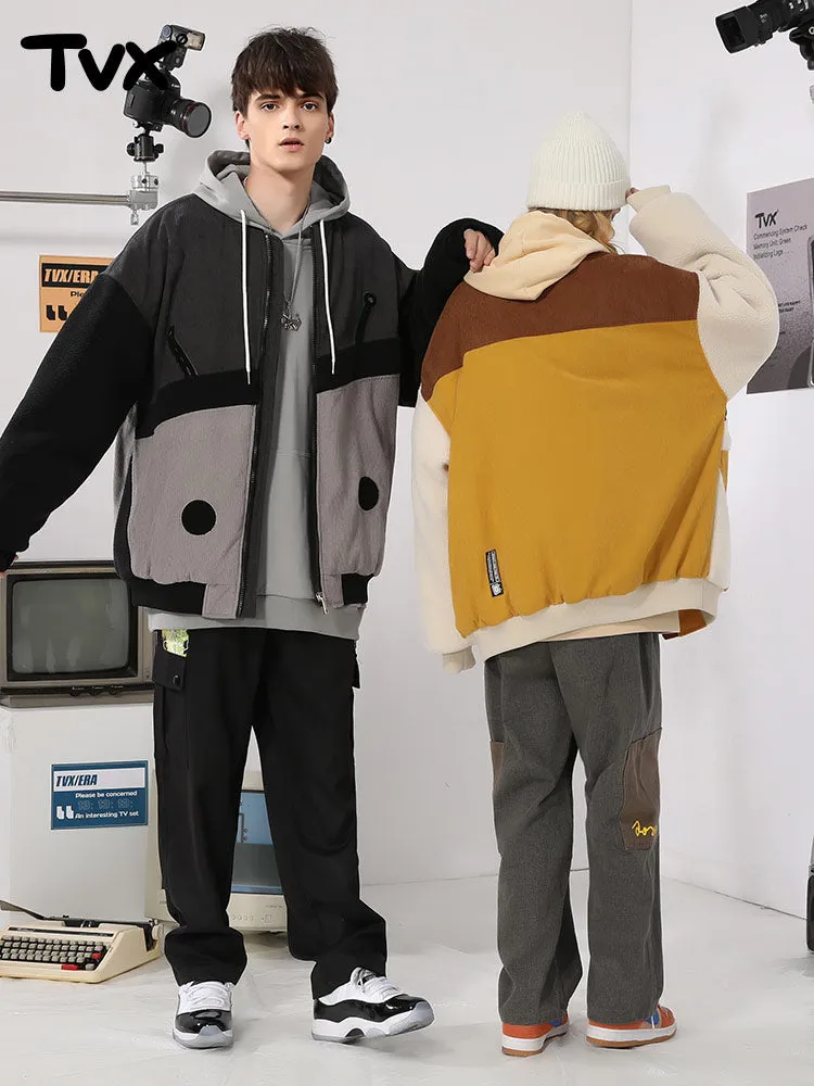 Corduroy lamb fleece patchwork embroidered ribbed hem cotton-padded jacket