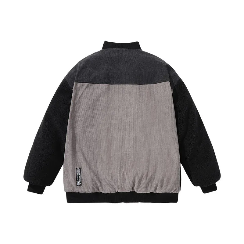 Corduroy lamb fleece patchwork embroidered ribbed hem cotton-padded jacket