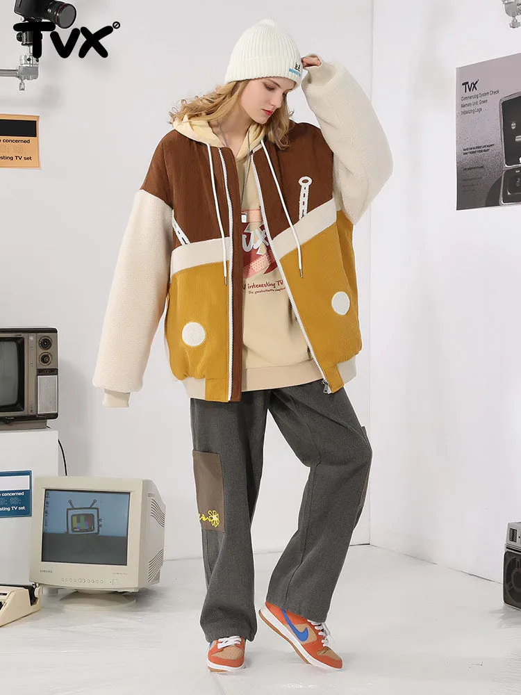 Corduroy lamb fleece patchwork embroidered ribbed hem cotton-padded jacket