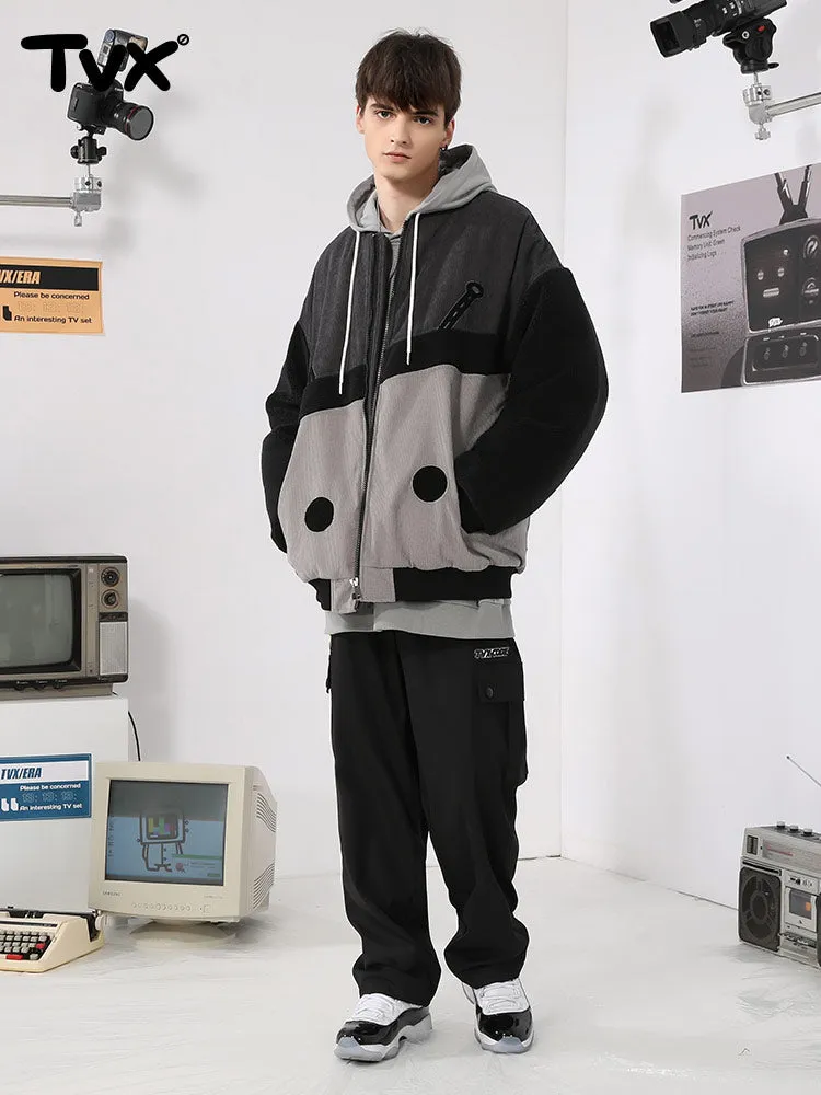 Corduroy lamb fleece patchwork embroidered ribbed hem cotton-padded jacket