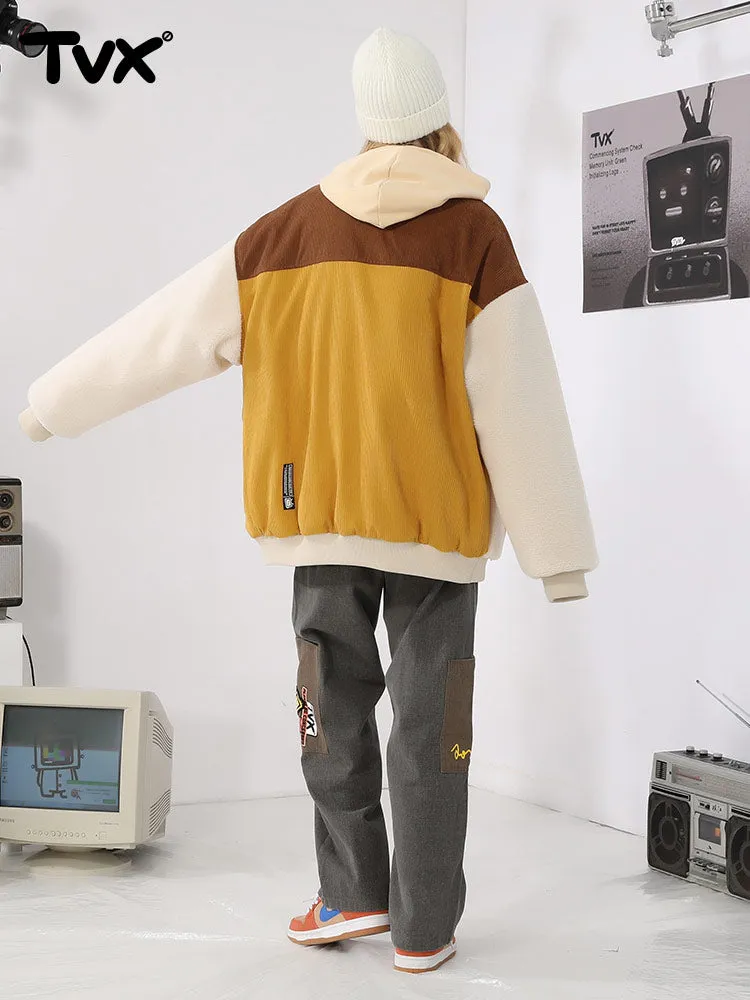 Corduroy lamb fleece patchwork embroidered ribbed hem cotton-padded jacket