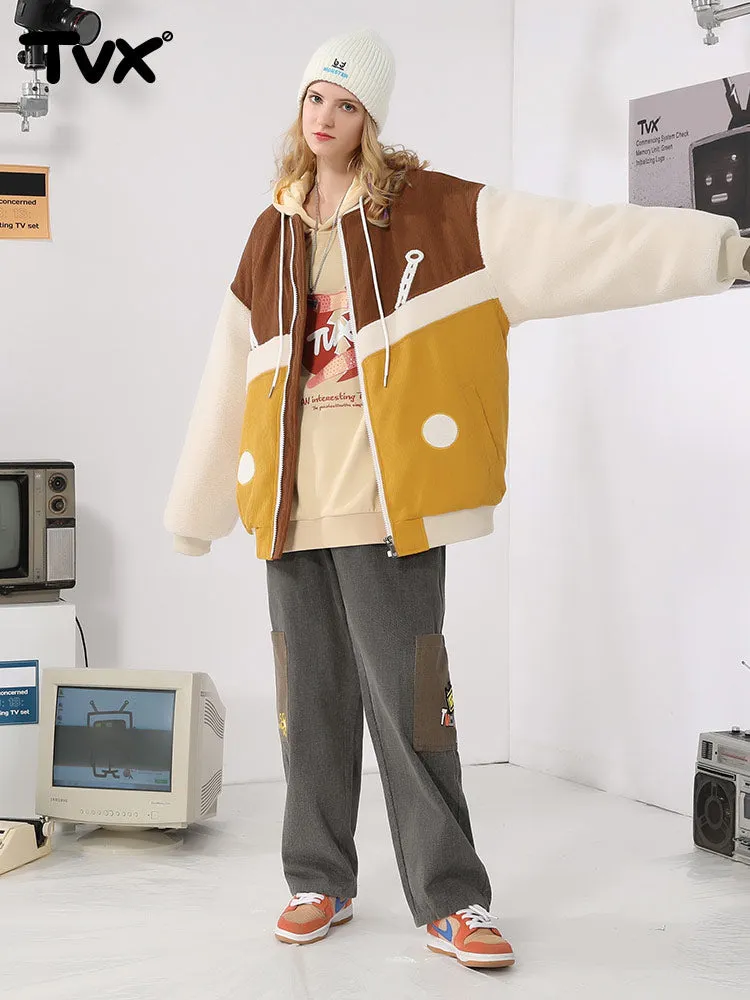 Corduroy lamb fleece patchwork embroidered ribbed hem cotton-padded jacket