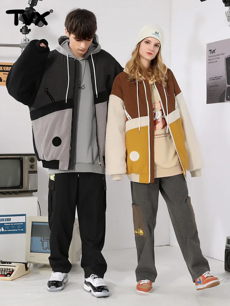 Corduroy lamb fleece patchwork embroidered ribbed hem cotton-padded jacket