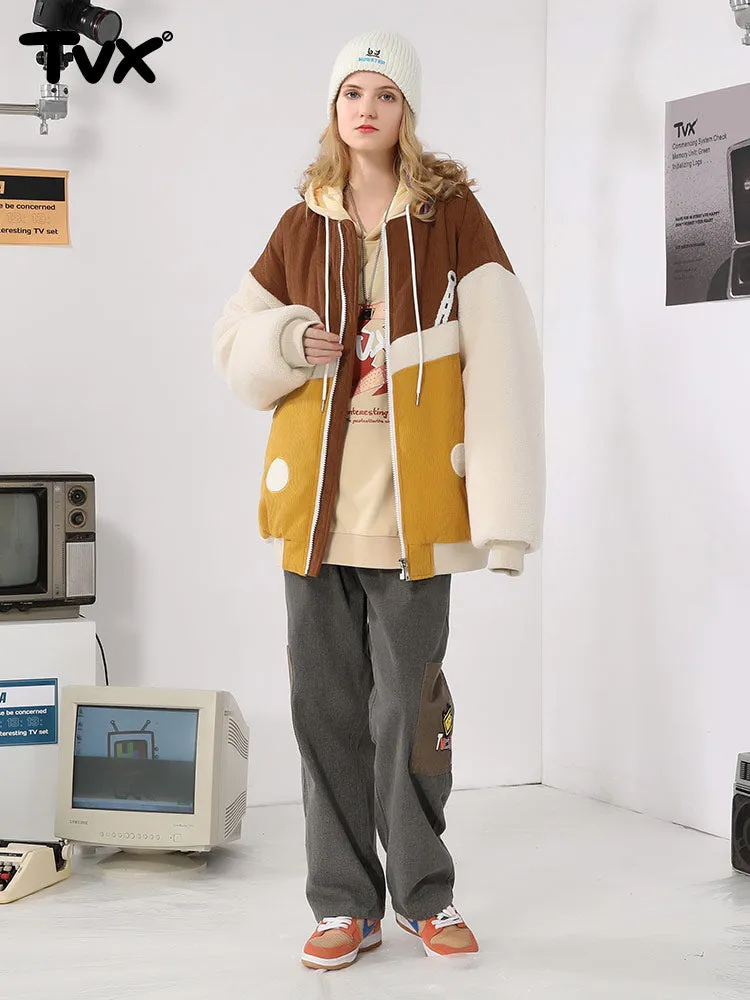 Corduroy lamb fleece patchwork embroidered ribbed hem cotton-padded jacket