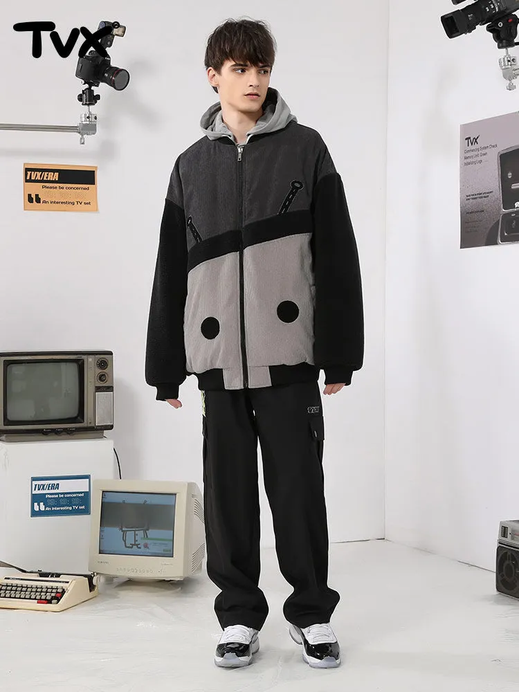 Corduroy lamb fleece patchwork embroidered ribbed hem cotton-padded jacket