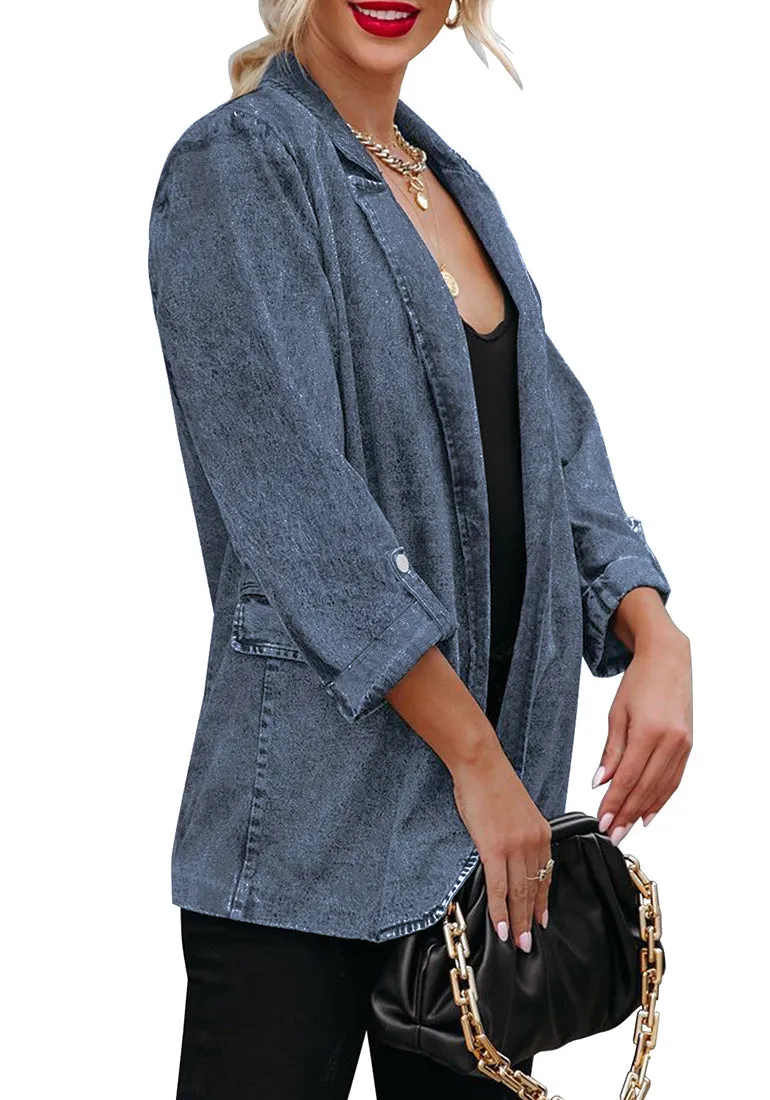 Deep Blue Lapel Collar Flap Pockets Open-Front Denim Blazer