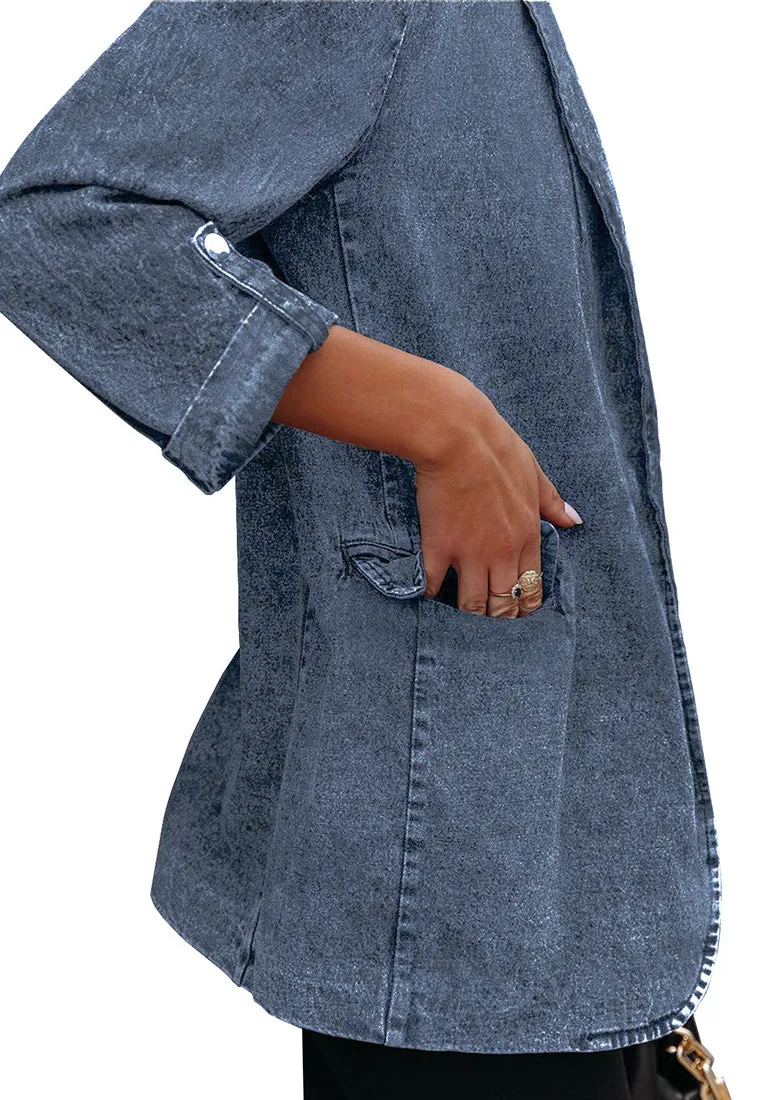 Deep Blue Lapel Collar Flap Pockets Open-Front Denim Blazer