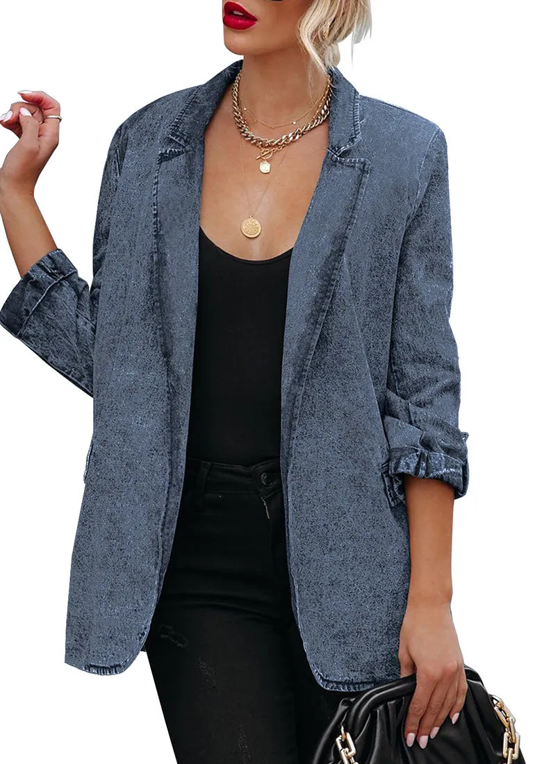 Deep Blue Lapel Collar Flap Pockets Open-Front Denim Blazer