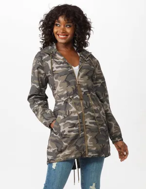 Dry Nylon Camo Zip Front Hooded Utility Jacket with Draw Cord