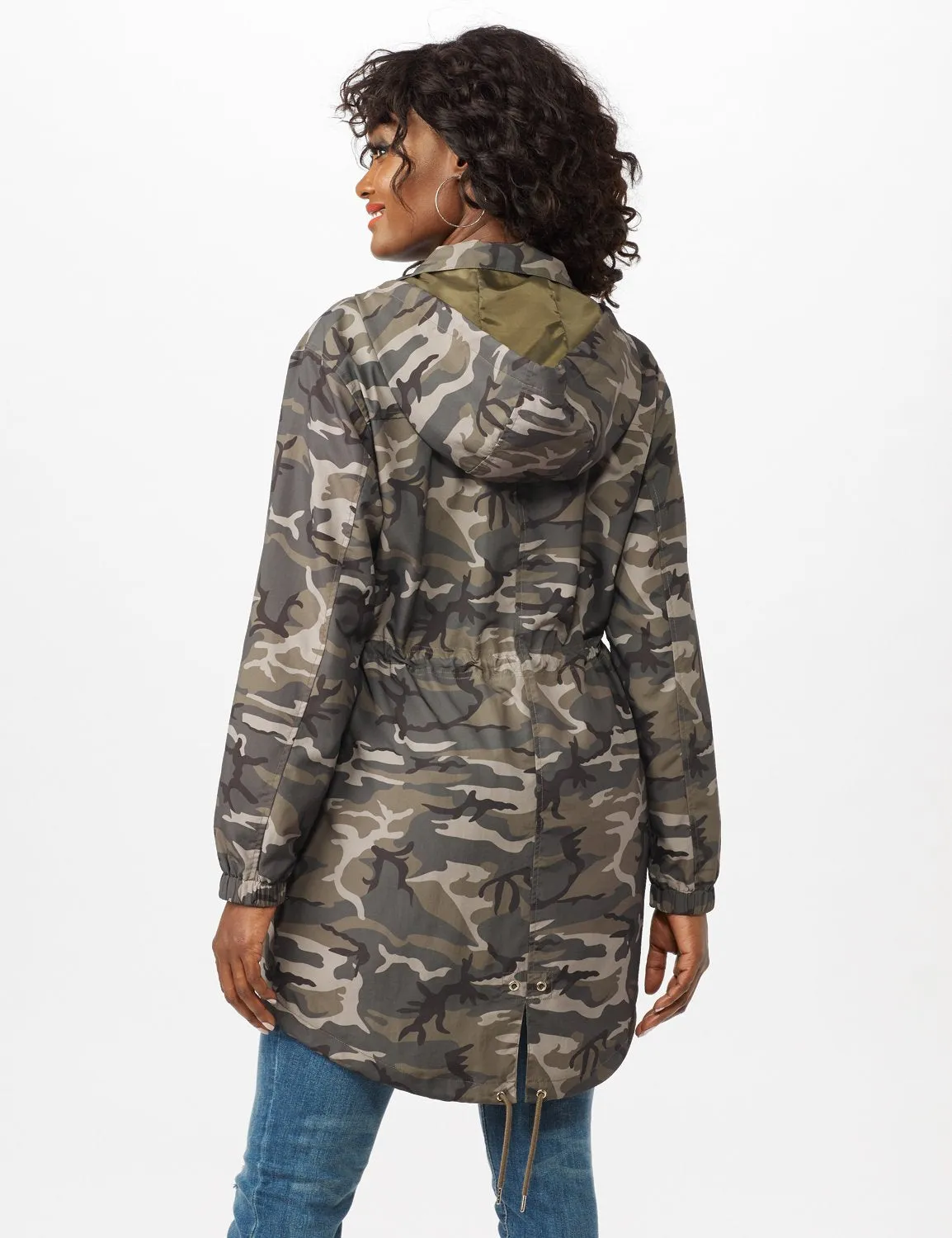 Dry Nylon Camo Zip Front Hooded Utility Jacket with Draw Cord