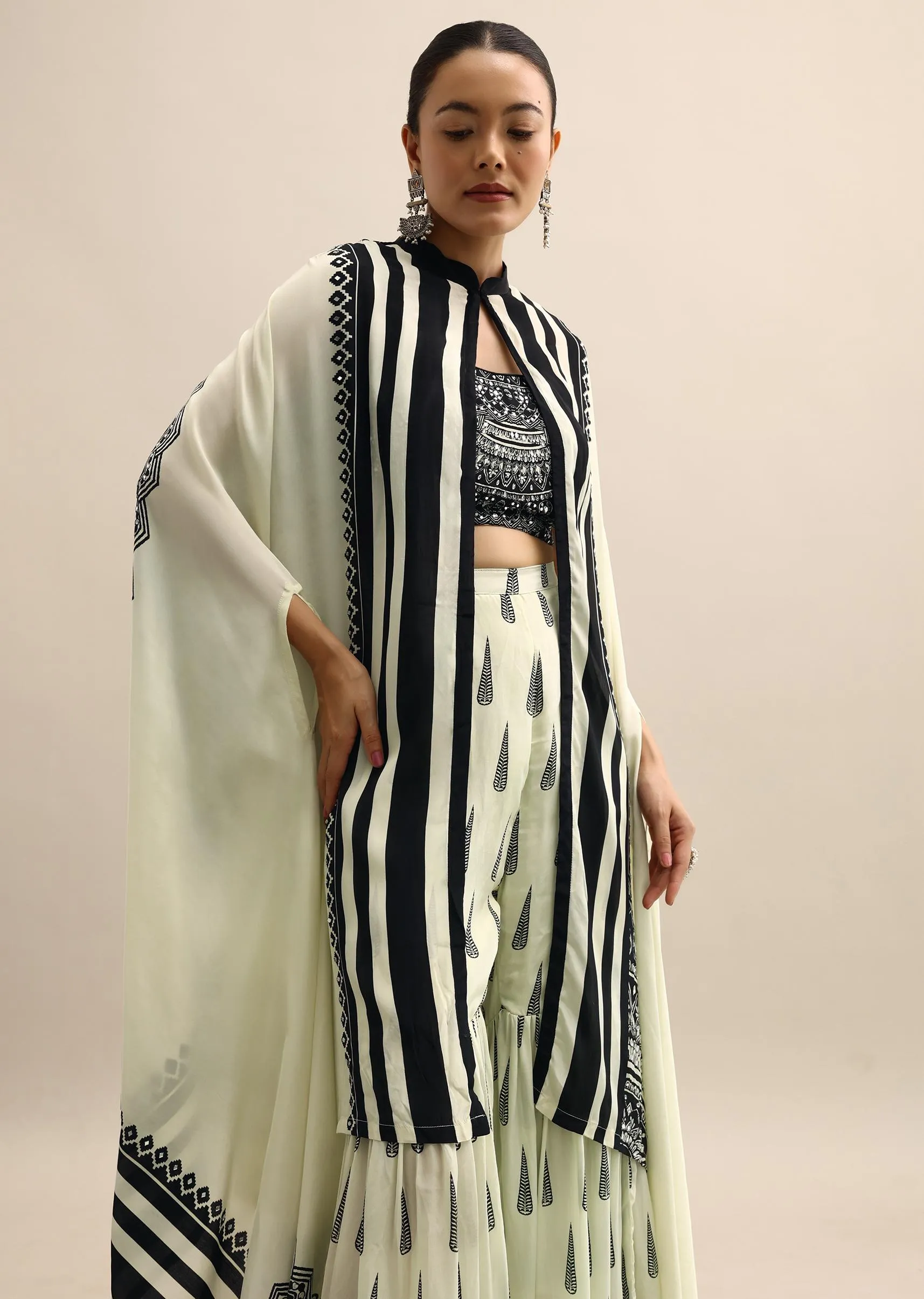 Ivory Printed Crop Top And Sharara Set