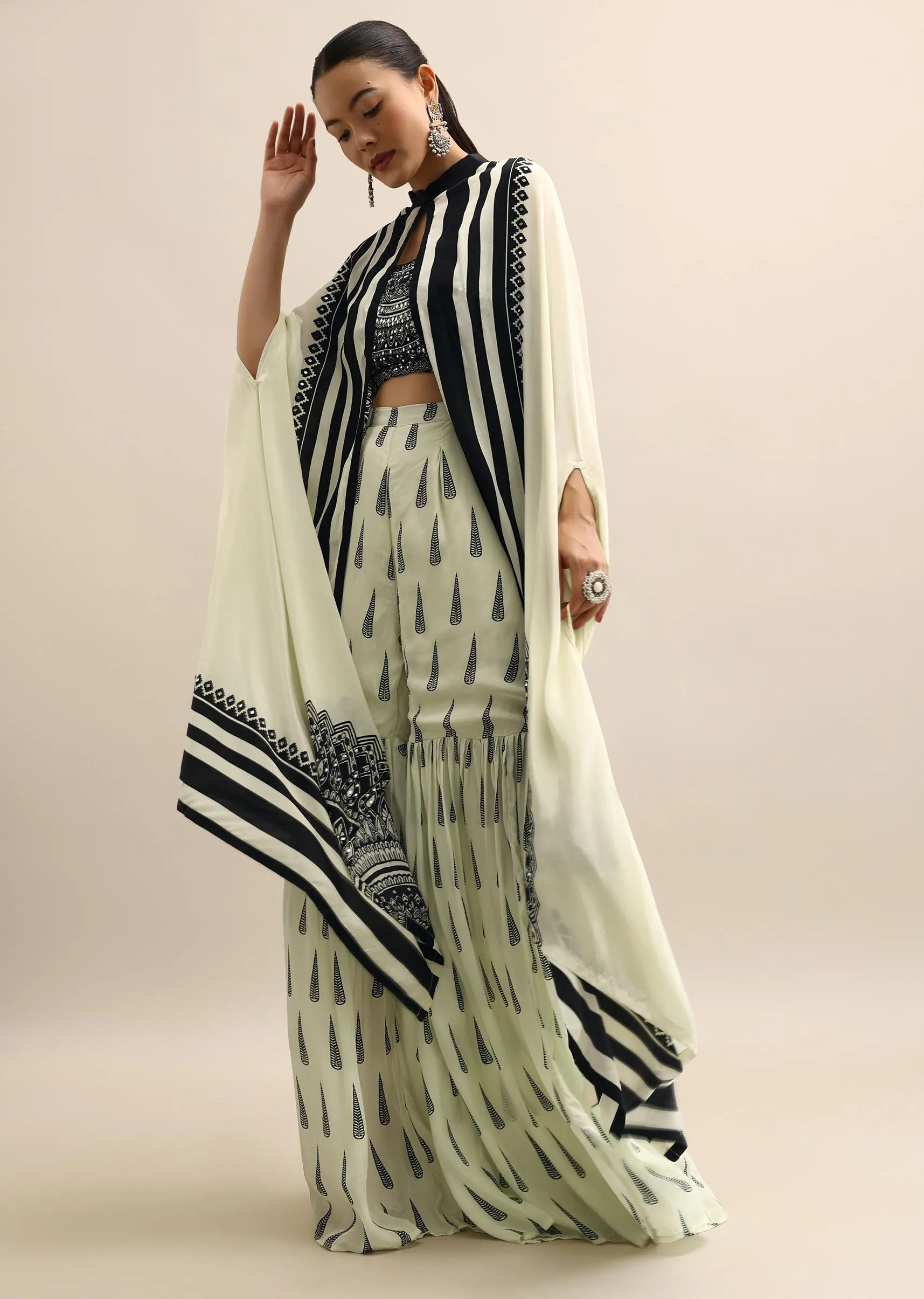 Ivory Printed Crop Top And Sharara Set