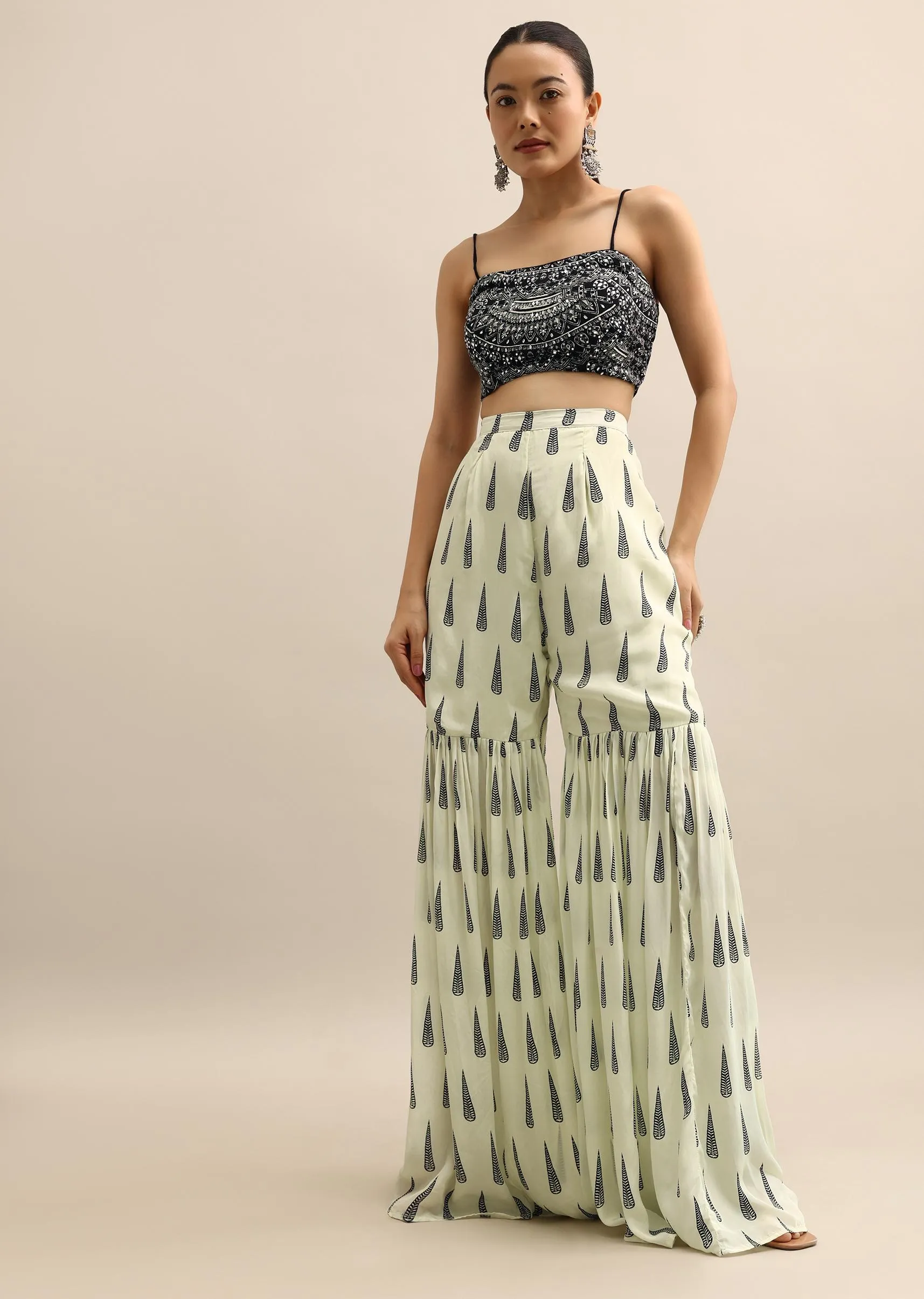 Ivory Printed Crop Top And Sharara Set