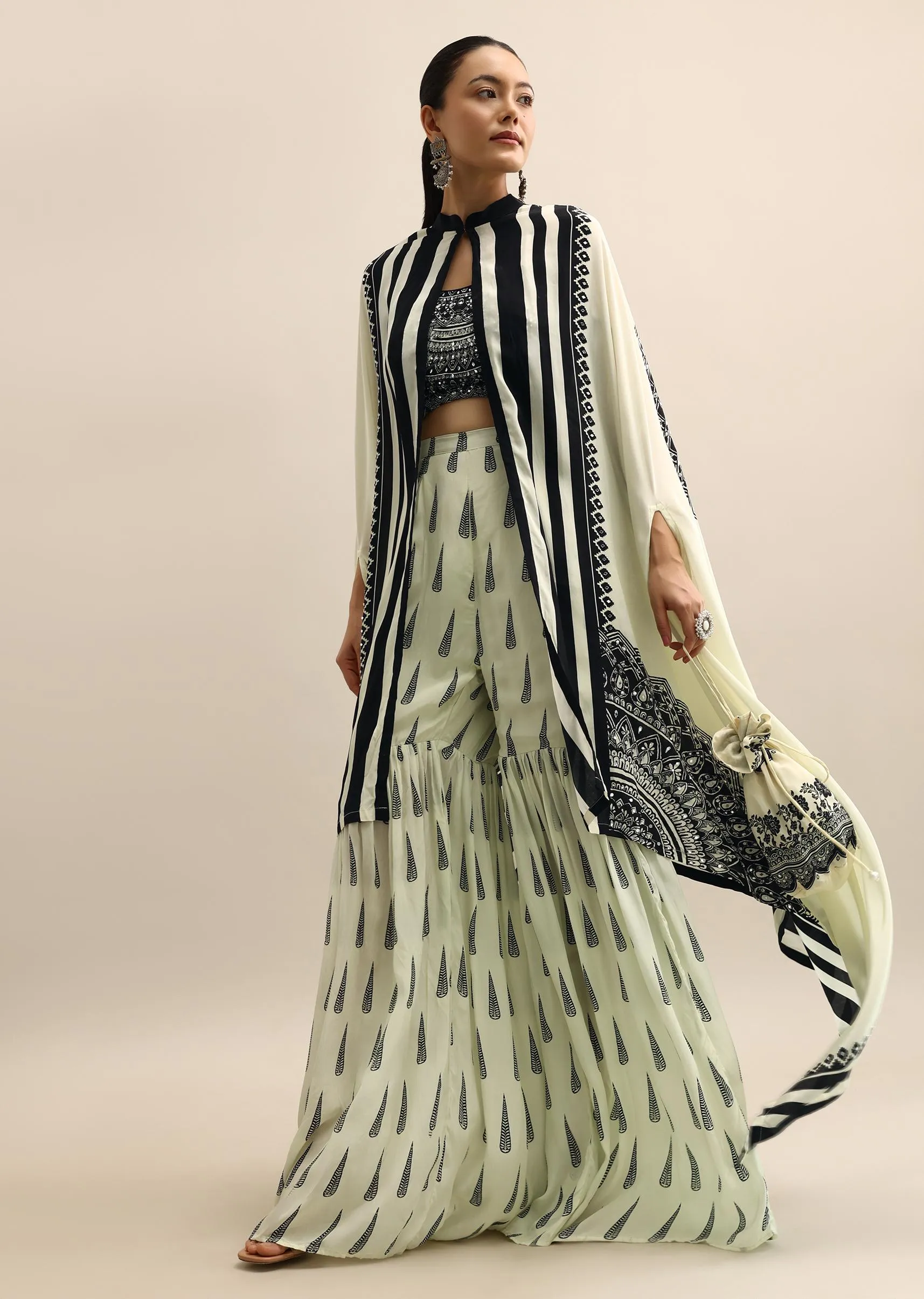Ivory Printed Crop Top And Sharara Set