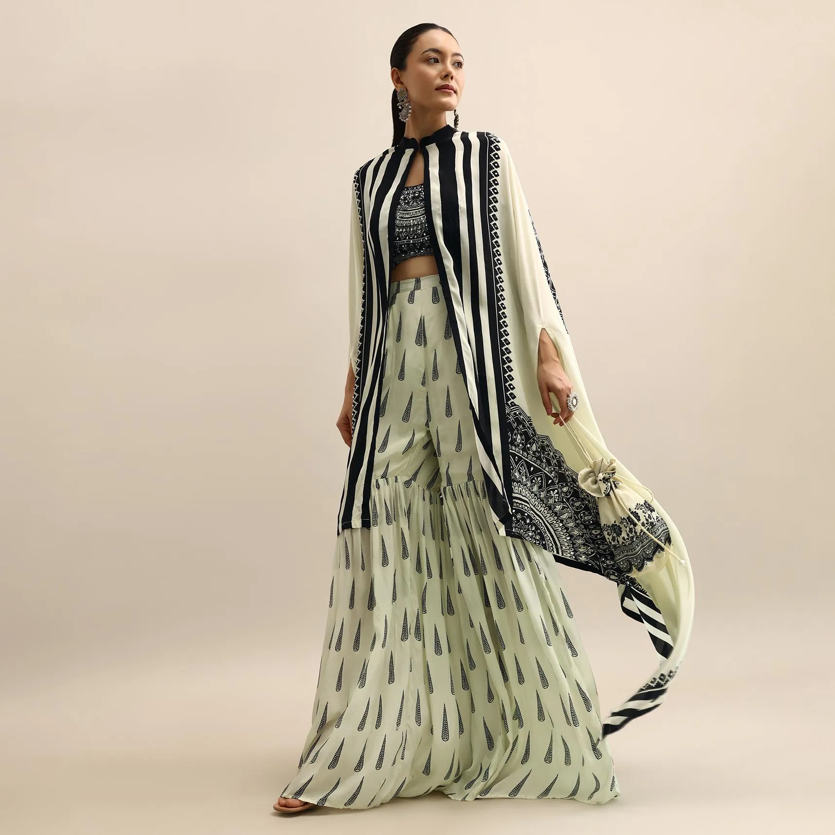 Ivory Printed Crop Top And Sharara Set