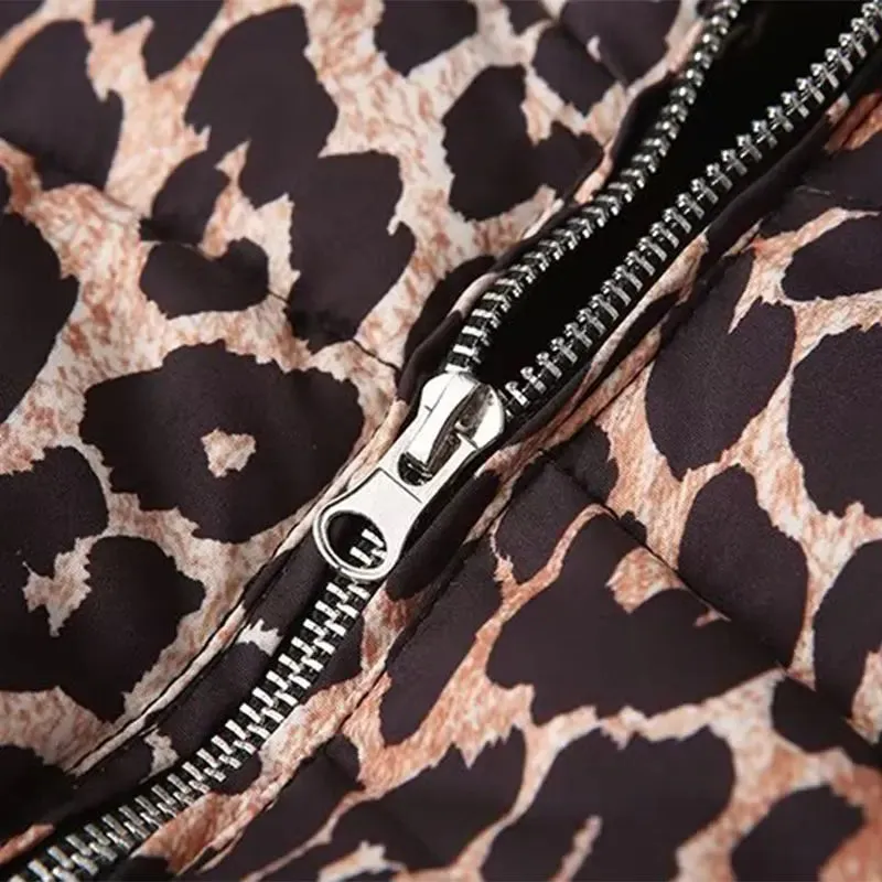 Kelsey Leopard Stand Neck Long Sleeve Zipper Padded Coat