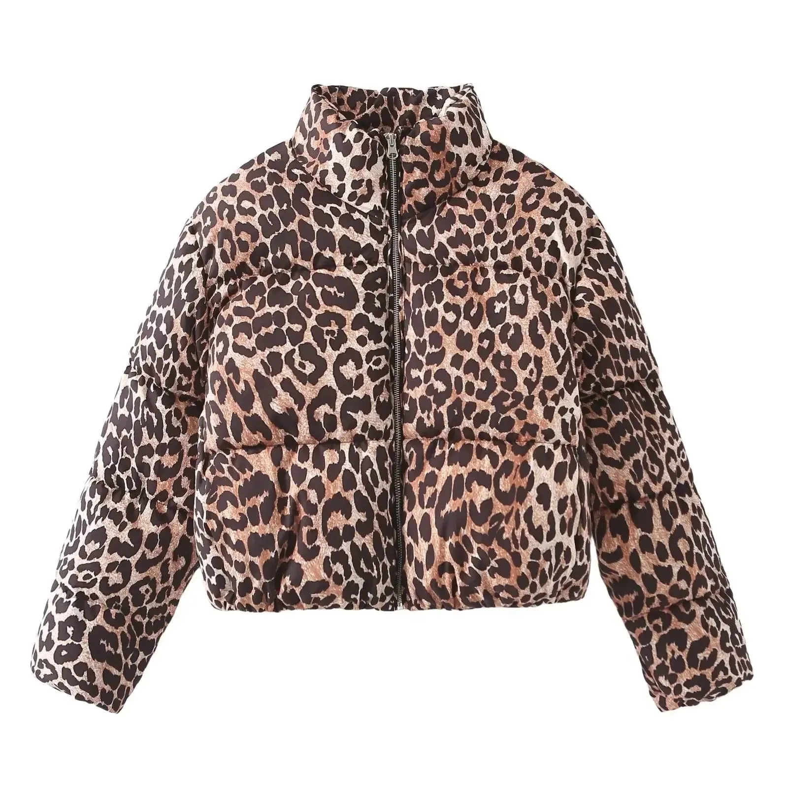 Kelsey Leopard Stand Neck Long Sleeve Zipper Padded Coat