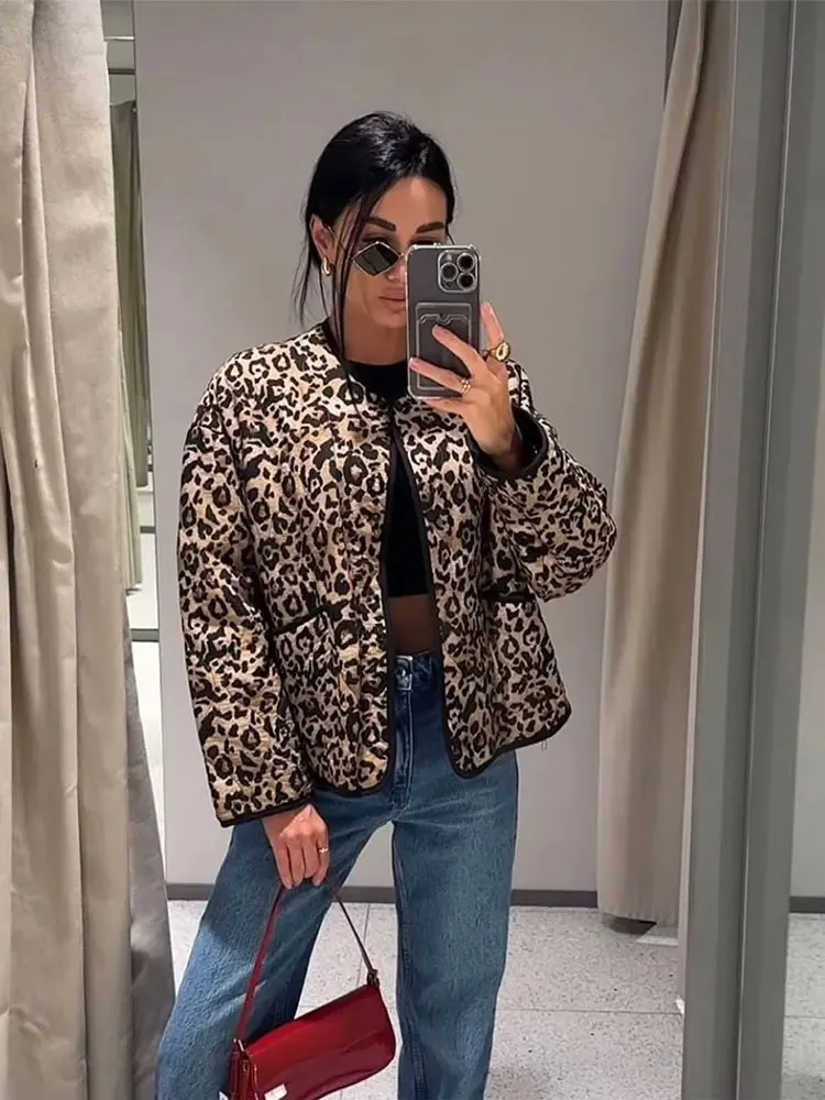 Kelsey Leopard Stand Neck Long Sleeve Zipper Padded Coat