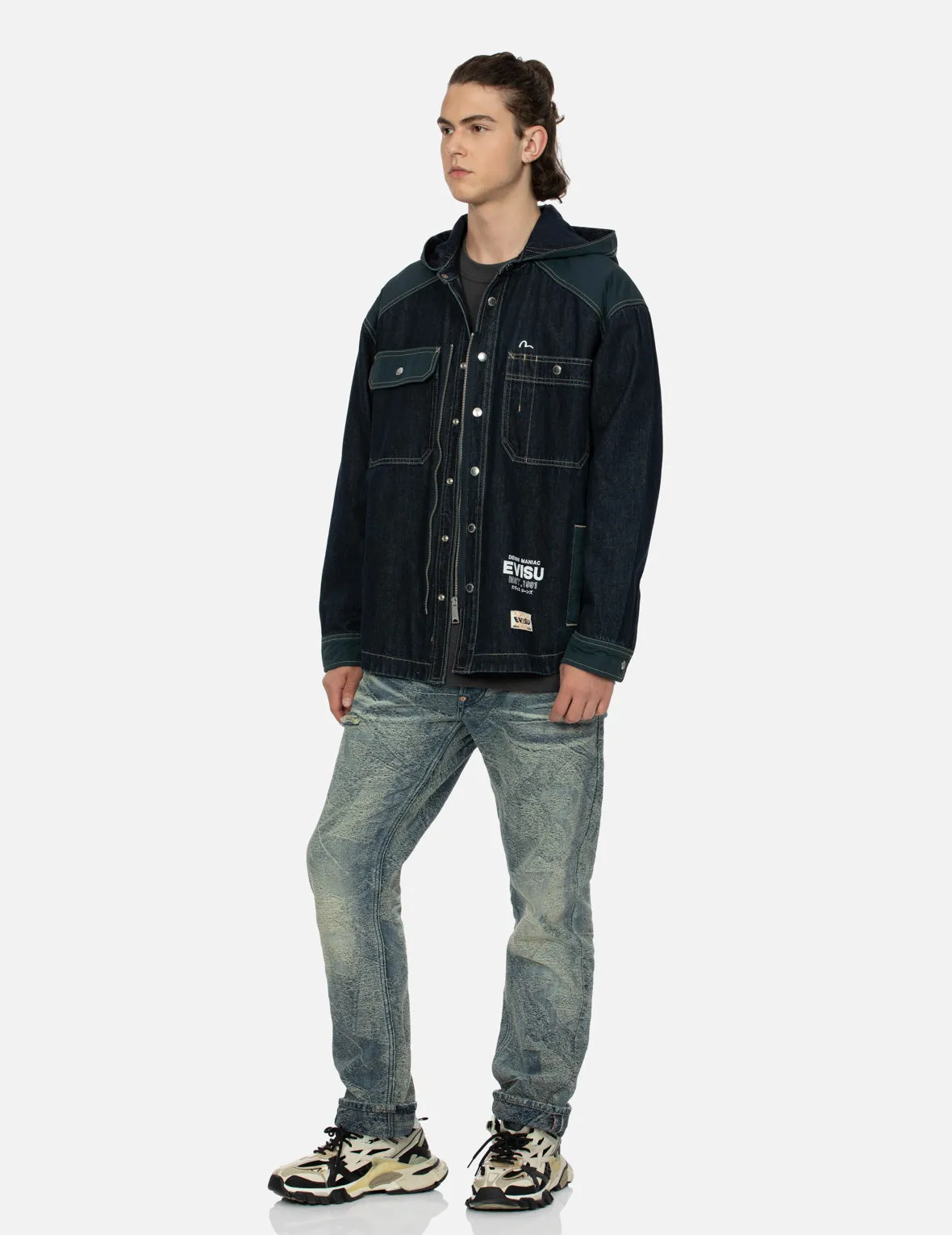 Logo Print Loose Fit Hooded Denim Shirt Jacket