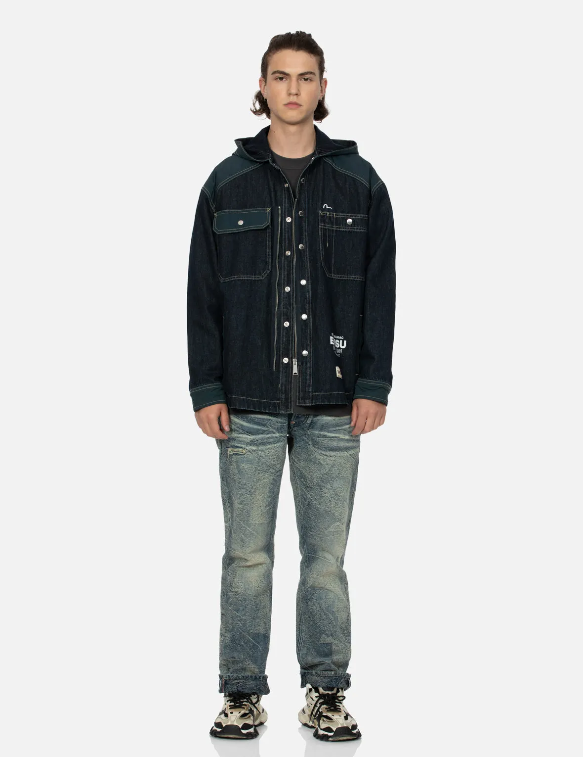 Logo Print Loose Fit Hooded Denim Shirt Jacket