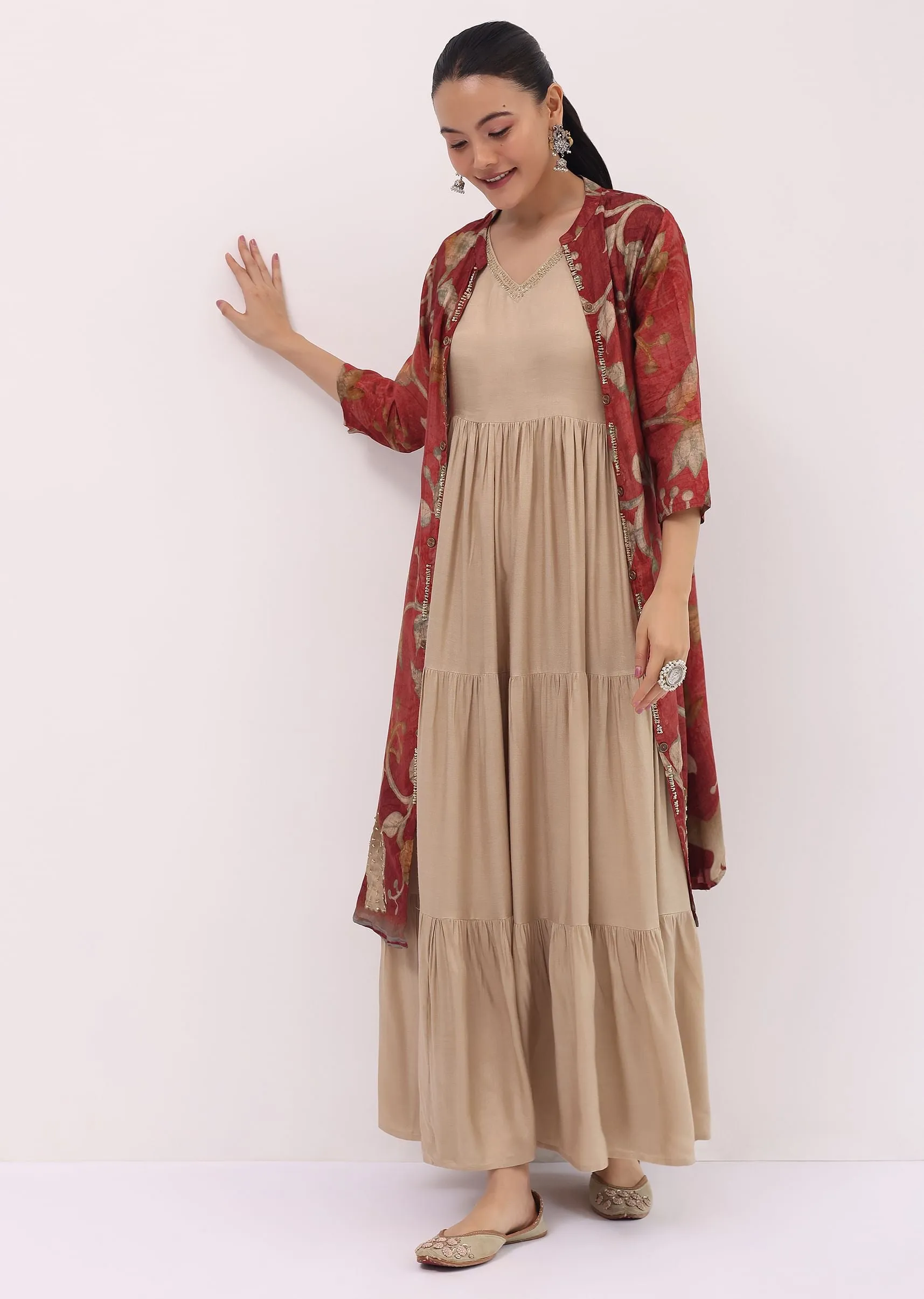 Maroon Printed Cotton Gown And Jacket