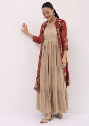 Maroon Printed Cotton Gown And Jacket