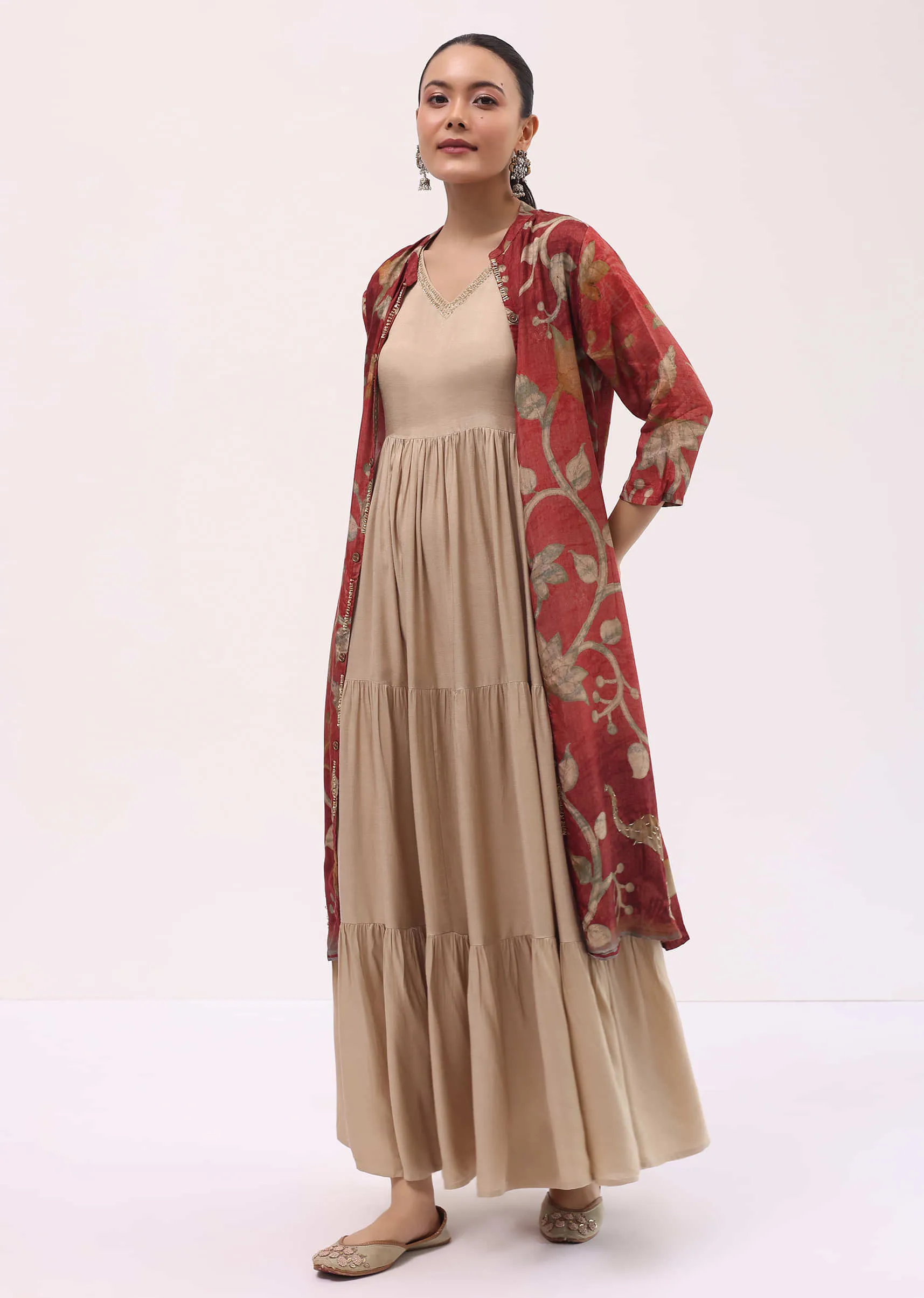 Maroon Printed Cotton Gown And Jacket
