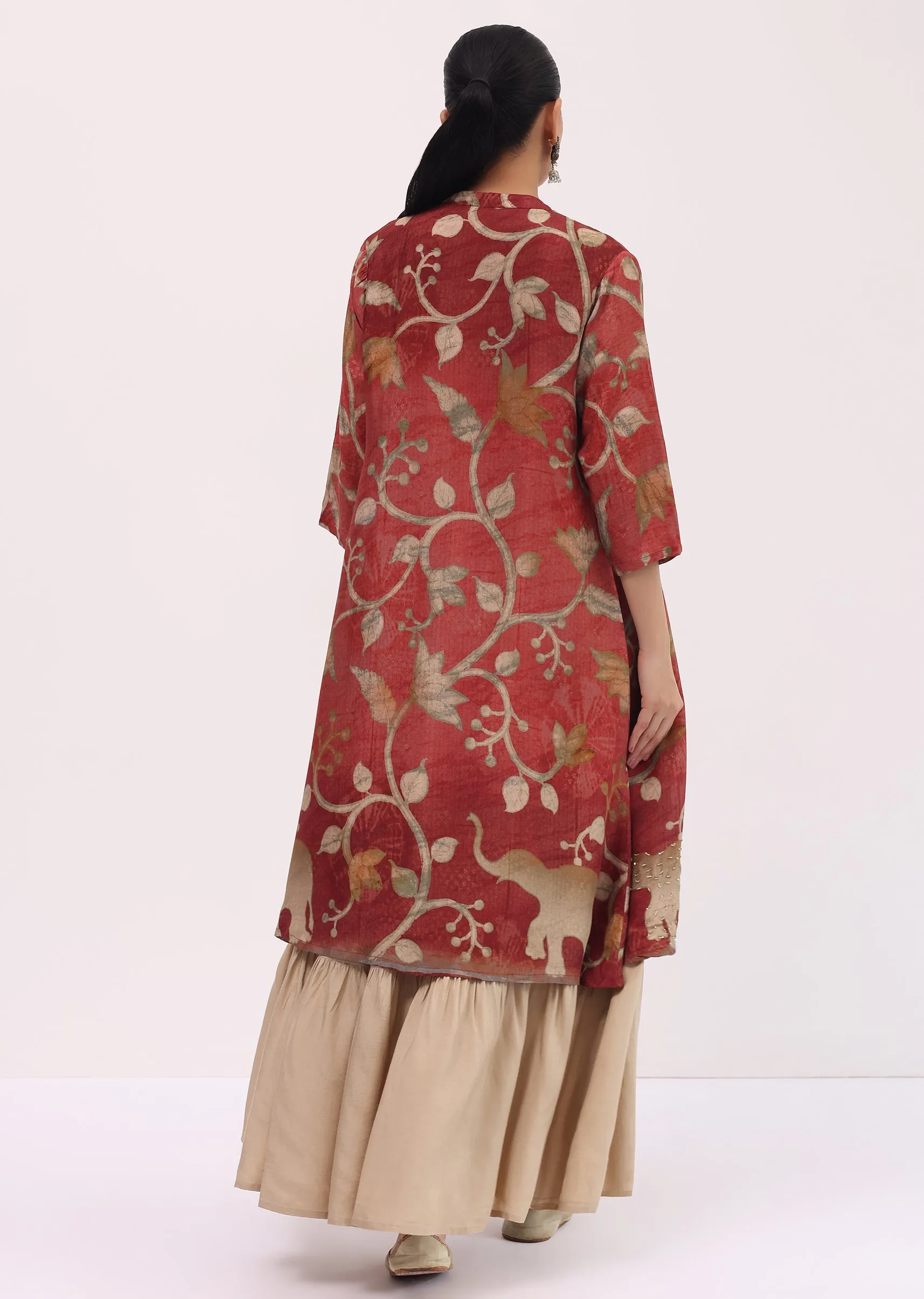 Maroon Printed Cotton Gown And Jacket