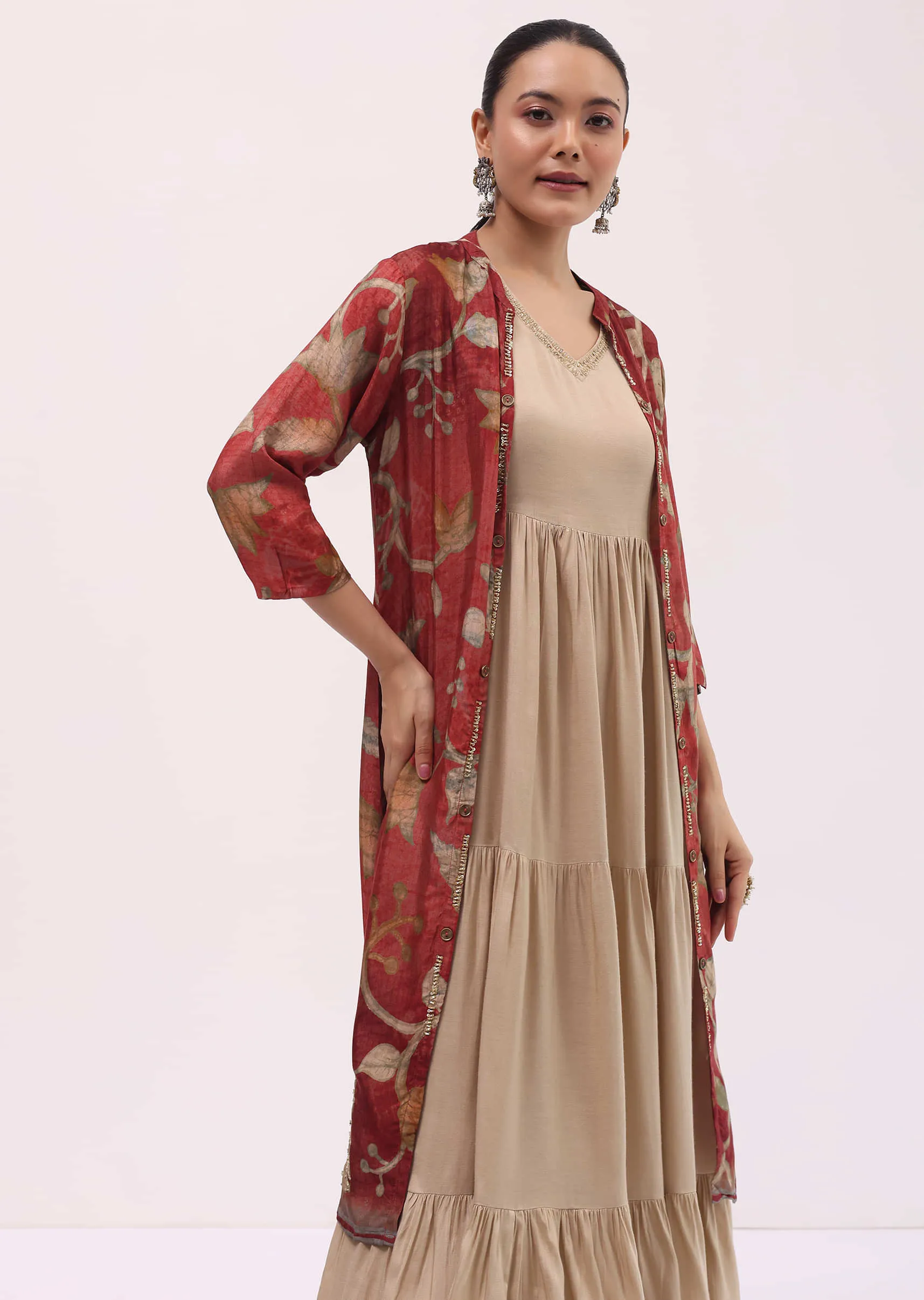 Maroon Printed Cotton Gown And Jacket