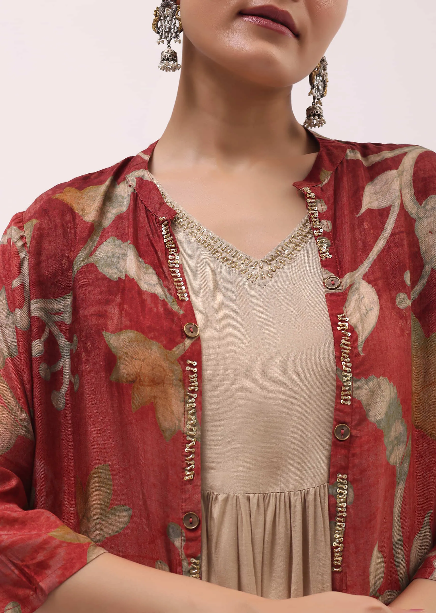 Maroon Printed Cotton Gown And Jacket