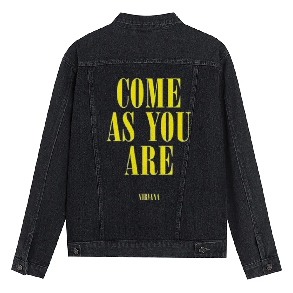 Mens COME AS YOU ARE Letter Graphic Button Up Denim Jacket