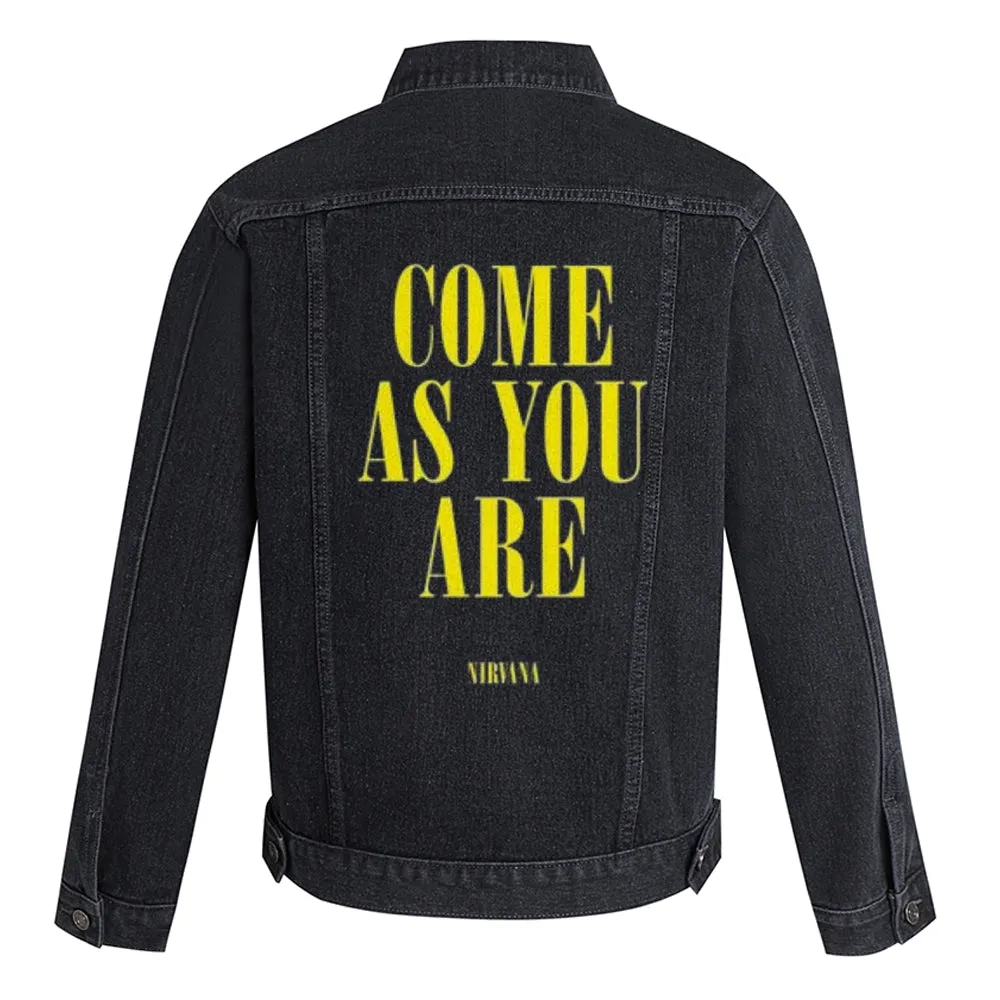 Mens COME AS YOU ARE Letter Graphic Button Up Denim Jacket