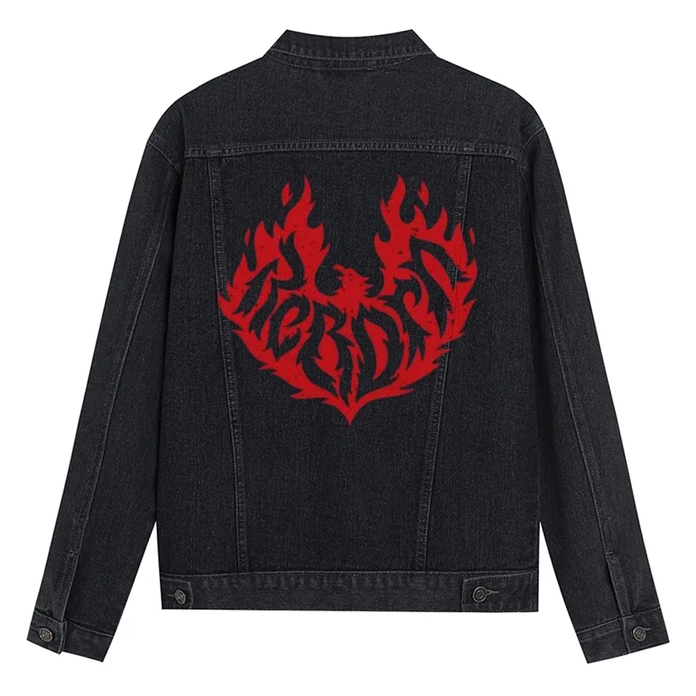 Mens Flame Eagle Graphic Button Up Denim Jacket