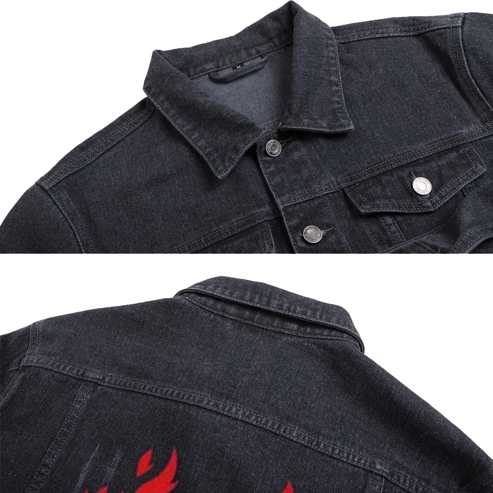 Mens Flame Eagle Graphic Button Up Denim Jacket
