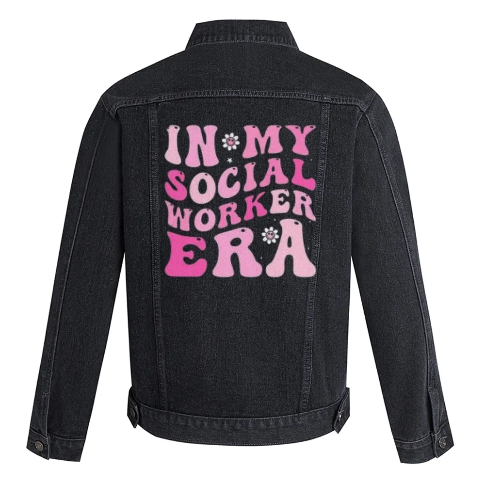 Mens IN MY SOCIAL WORKER ERA Letter Graphic Button Up Denim Jacket