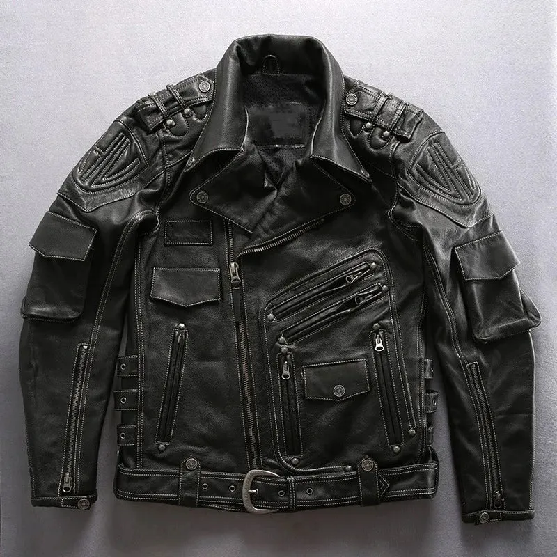 Men's Punk Style Genuine Cowhide Leather Motorcycle Jacket with Pockets