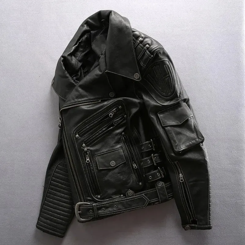 Men's Punk Style Genuine Cowhide Leather Motorcycle Jacket with Pockets