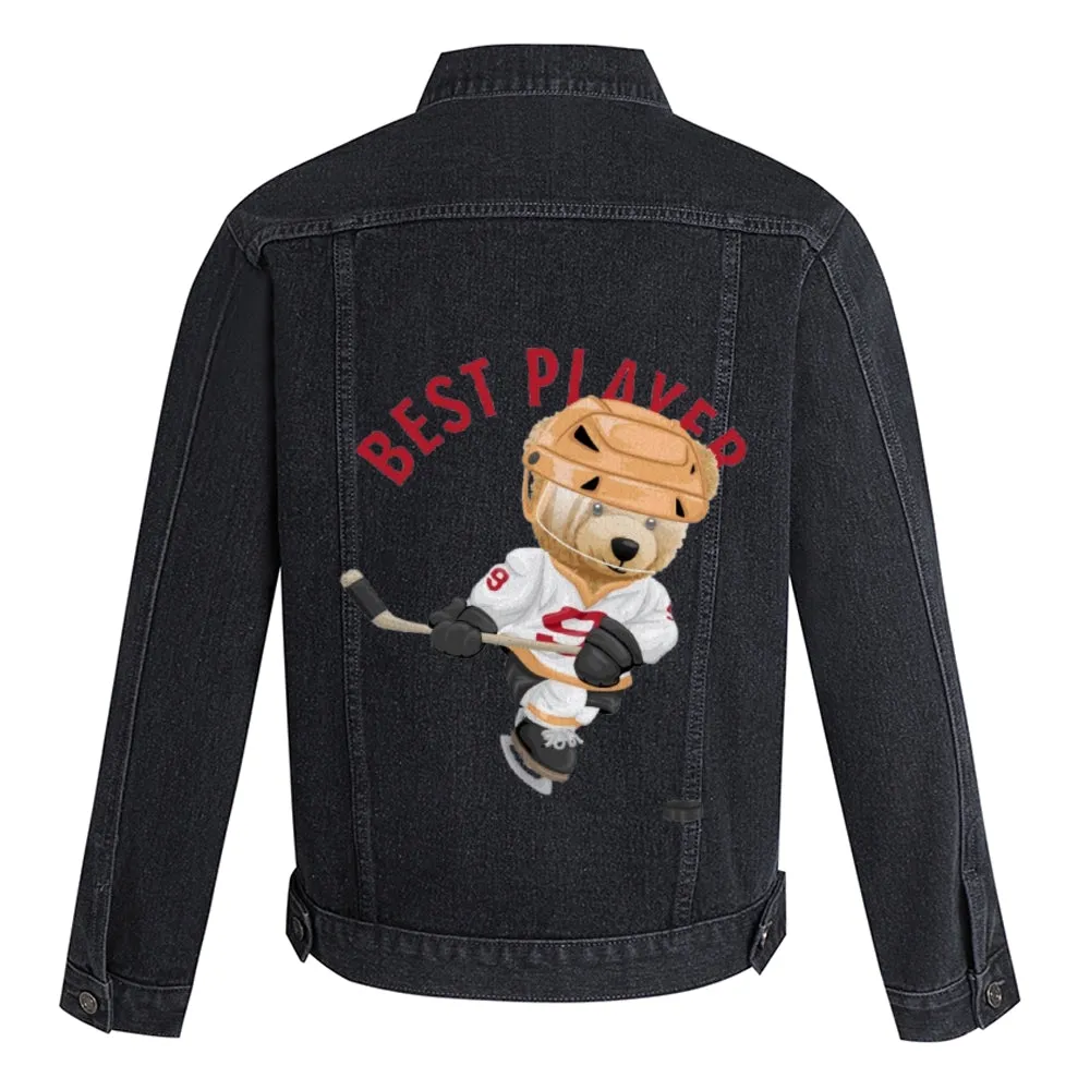 Mens Vintage Cartoon Cute Bear BEST PLAYER Prints Denim Jacket